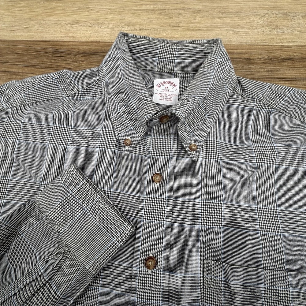 Brooks Brothers BrooksFlannel Shirt Mens Sz M Long Sleeve Houndstooth Plaid Gray